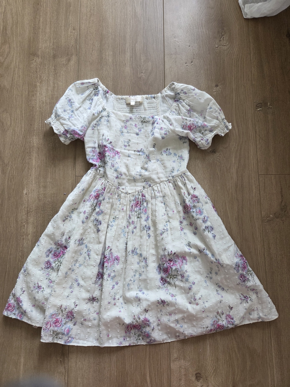 LoveShackFancy White Floral Puff Sleeve Dress with Pink & Lavender Blooms
